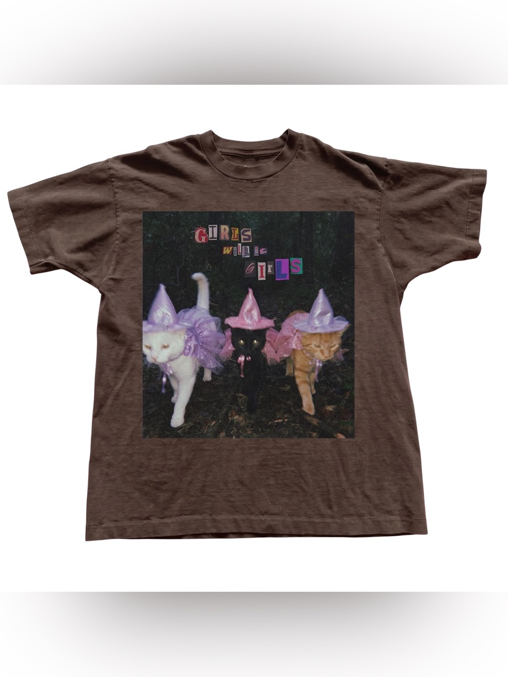 Gildan Brown Tee with Colorful Cat Graphic